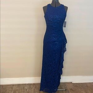Alex Evenings Blue Ruched Halter Gown